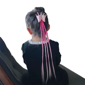 Children wig hair accessory pink crown bow braid detail shot for sweet kids hairstyles