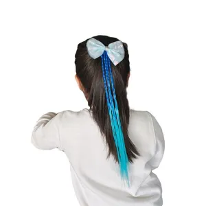 Detailed view of kids blue bow hair extension braid, cute colorful braided hairpiece for girls.