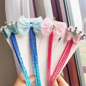 Kids colorful wig hair braid ponytail with bow crown clip cute little girls hair accessories