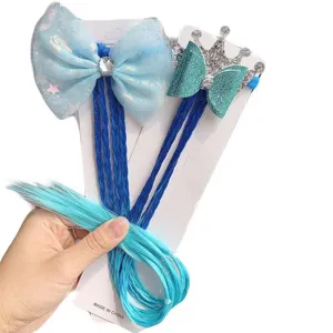 Kids wig hair accessories cute blue bow crown braided ponytail hair ropes for girls headwear