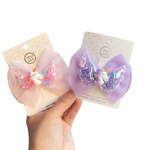 Cute children mesh bow hair clips with glitter unicorn and angel wings, sweet hair accessories.