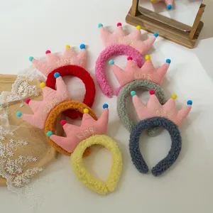 Fluffy lamb wool crown headband with cute colorful pom poms and sweet face washing hair hoop.