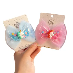 Children mesh bow hair clip cute unicorn angel wings hairpin girl sweet side hair accessories