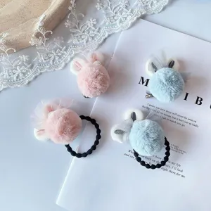 Mignon Élastique à Cheveux Pompon Oreilles de Lapin en Peluche pour Filles Douce Pince à Cheveux Nœud en Maille Broche Double Usage Accessoires Cheveux Enfants