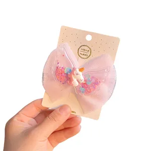 Kids mesh bow hair clip with cute unicorn and sparkling wings for sweet girls hair accessories