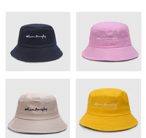 Unisex bucket hat embroidered casual foldable sun hat cotton solid color cap detail view