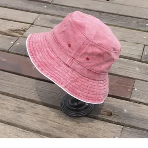 Washed vintage pink cotton bucket hat for women casual sun protection outdoor hat.