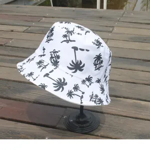 Casual tropical palm tree printed cotton bucket hat, stylish summer sun protection basin hat.