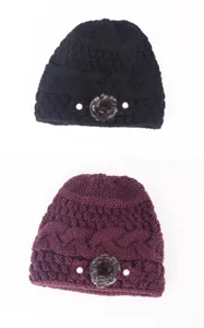 Winter warm knitted hat for elderly women, thick plush pompom and pearl decorated beanie hat.