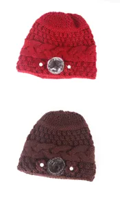 Women winter warm knit hat grandma velvet beanie pompom floral button elderly cap soft.