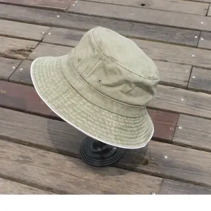 Vintage washed cotton bucket hat for men and women casual outdoor sun protection hat green
