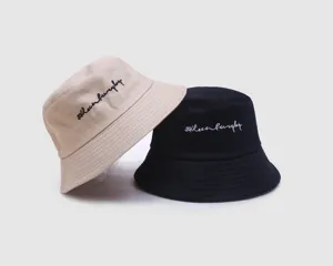 Adult bucket hat detail showing embroidered cursive design, casual folding style for daily wear.