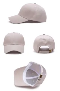 Vista detallada de la gorra de béisbol beige lisa con costuras y hebilla de metal ajustable.