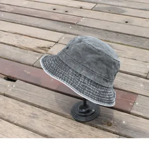 Washed distressed dark grey bucket hat for casual outdoor wear, stylish Korean fashion basin hat.