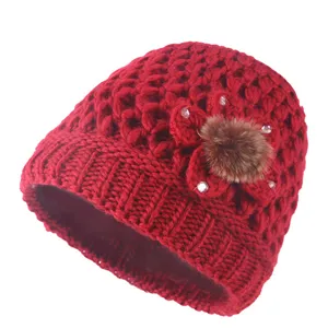 Winter Warm Knit Hat For Elderly Women Fleece Lined Woolen Beanie Cap With Faux Fur Ball And Pearl Rhinestone Decor