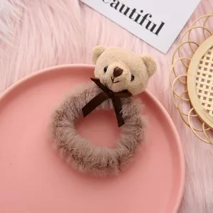 Cute plush bear hair scrunchie sweet fuzzy ponytail holder daily hair accessories for women