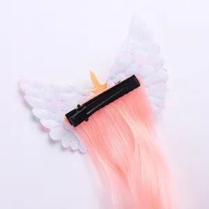 Kids unicorn angel wings hair clip with pink synthetic hair extensions for festival party.