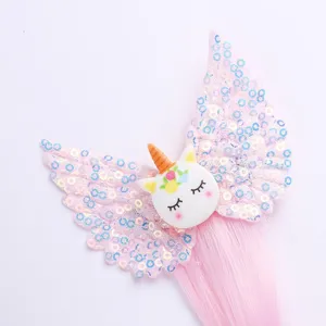 Children unicorn wing hair clip with pink wig shiny sequin cute hair accessories 1pc