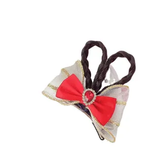 Cute girls bow hair clip, children red ribbon and black braided loops hair accessory.
