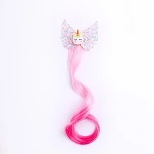 Cute unicorn hair clip with pink curly wig extension, perfect for kids party and daily dress.