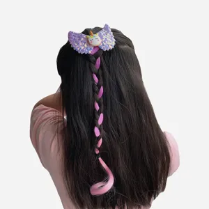 Children's cute cartoon unicorn wing hairpin with colorful braid wig for girls party.