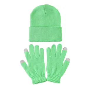 Neon groene gebreide muts en touchscreen handschoenen set voor volwassenen in de winter.