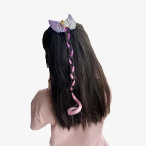 Kids Cartoon Unicorn Wings Hair Clips Creative Gradient Colorful Long Synthetic Extensions Hairpiece Braids Ties Overlord Ribbon Ponytail Hair Accessories For Birthday Festive Party Costume Decor