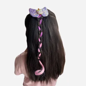 Children cartoon unicorn wig hair clip with colorful braided hair extension for girls daily wear.