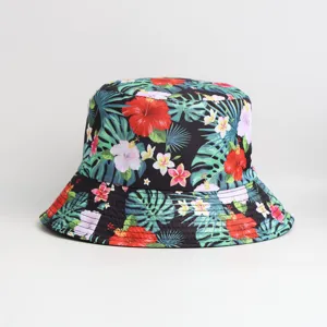 Detailed close-up shot of trendy floral print bucket hat, vibrant tropical style sun hat.