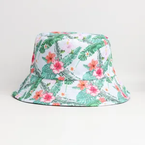 Tropical floral print bucket hat for outdoor sun protection, foldable unisex summer style.