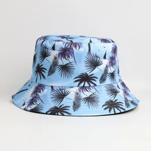 Summer tropical palm tree print bucket hat, casual outdoor sun protection fishing cap.