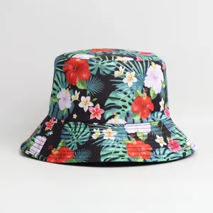 Summer tropical floral print bucket hat, reversible outdoor sun protection for adults.