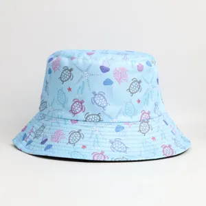 Light blue bucket hat featuring cute sea turtle, starfish and coral print for outdoor sun protection.