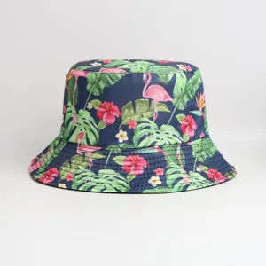 Tropical flamingo print bucket hat close up detail, summer sun protection cap.