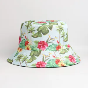 Tropical print bucket hat detail, summer sun protection, casual floral fabric pattern view.