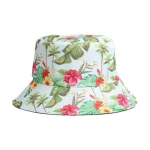 Tropical plant print reversible bucket hat, sun protection outdoor foldable fisherman cap for adults.