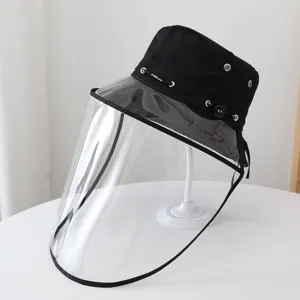 Black bucket hat with clear detachable face shield, anti-saliva and anti-fog protective cap.