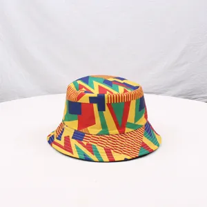 Colorful geometric print bucket hat detail, showing abstract pattern and fine stitch.