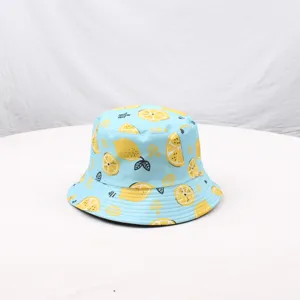 Detailed close-up view of the cute lemon print bucket hat, perfect for summer sun protection.