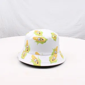 Cute cartoon corn print bucket hat for women men, summer casual outdoor sun protection basin hat.