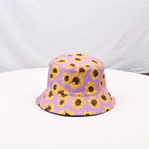 Purple sunflower bucket hat for women trendy floral print summer sun protection double sided cap