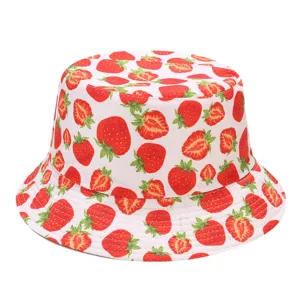 Cute strawberry print bucket hat for women and girls, stylish summer sun protection basin hat.