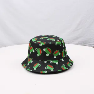 Black bucket hat featuring a cute green cartoon frog print pattern, stylish sun protection.