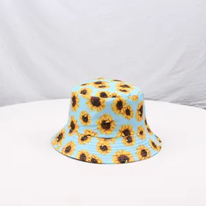 Charming sunflower print bucket hat in light blue, casual summer sun protection outdoor cap.