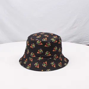 Black bucket hat with allover cartoon print, wide brim sun protection hat for daily wear.
