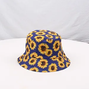 Sunflower print bucket hat detailed view, casual floral sun protection summer beach hat.