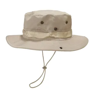 Khaki outdoor sun protection boonie hat with wind strap, breathable eyelets, casual fit.