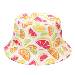 Colorful citrus fruit print bucket hat for women and men, stylish summer beach sun hat.