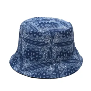 Blue paisley bucket hat for men and women, vintage cotton sun cap for casual outdoor travel.