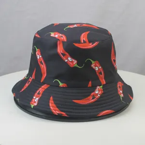 Black cartoon chili print bucket hat fashion casual sun hat for outdoor streetwear styling